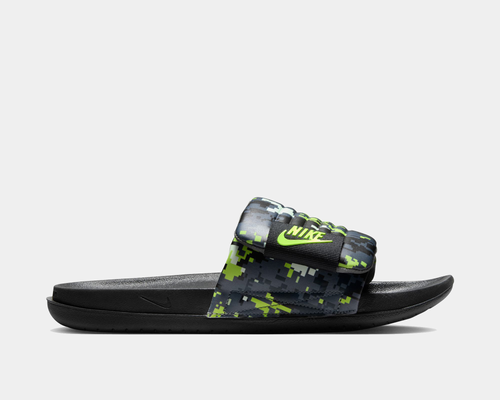Nike Offcourt Adjustable Slide PR sandals with a black base, cushioned sole, and green digital camo strap featuring neon green logo, side view.