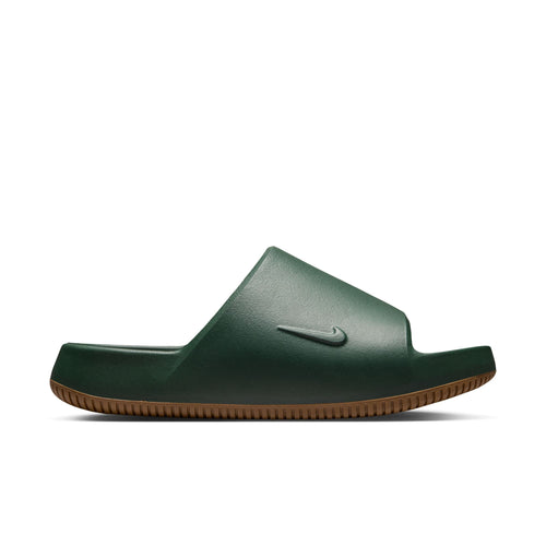 A dark green Nike slide sandal with a brown textured sole, shown from a side profile view on a white background.