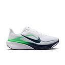 White running shoe with green and blue accents on a white background