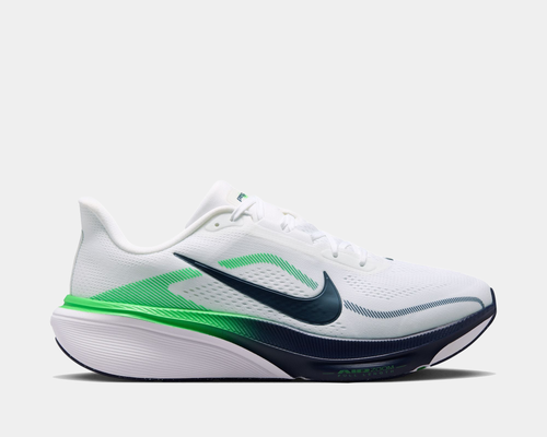 Nike Air Zoom Pegasus 42 running shoes white/midnight navy/green spark, mesh upper, large Swoosh, Zoom Air midsole, side view