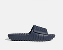 Adidas Adissage 360REC slides in navy blue with textured footbed and embossed logo on the strap, side view.