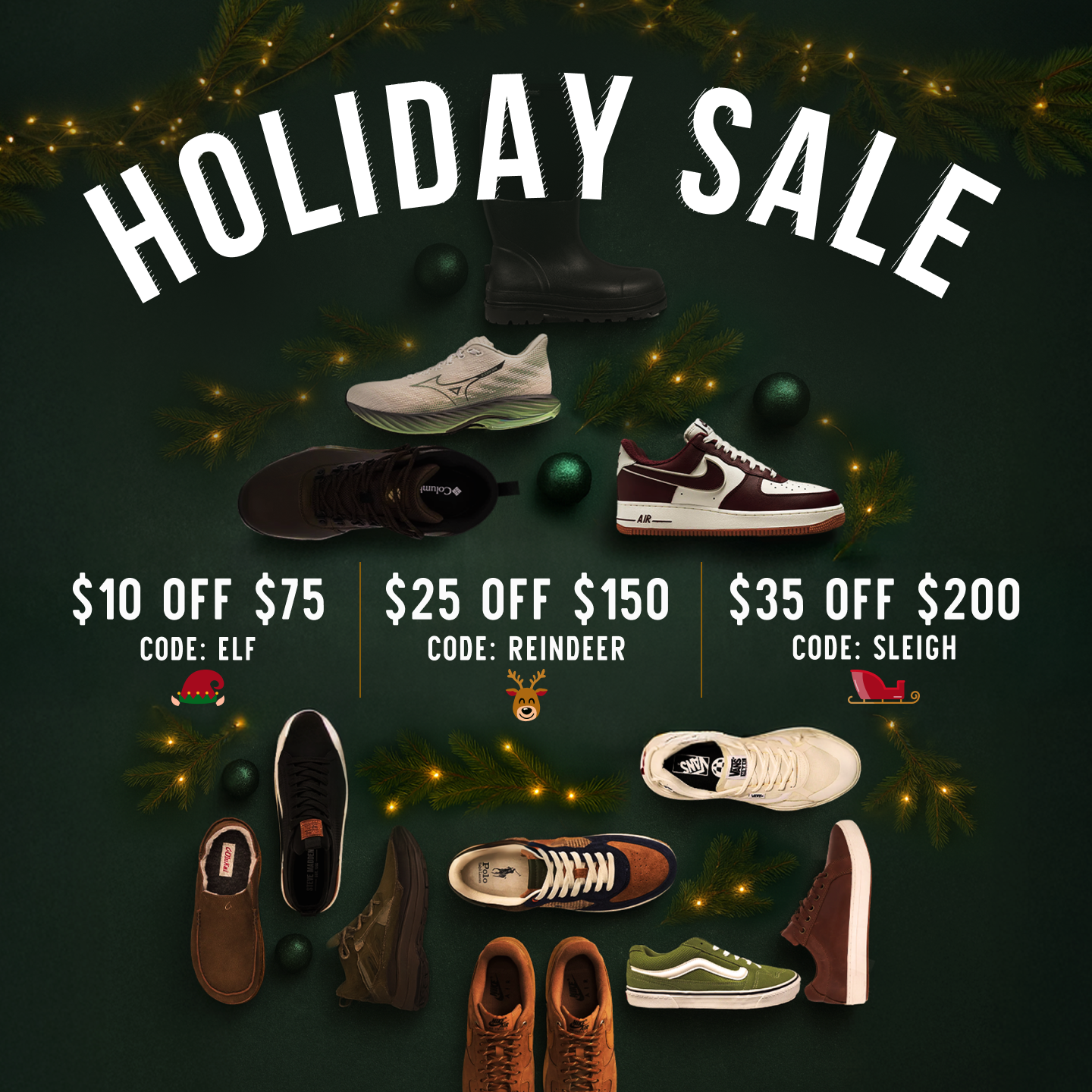 Promotional graphic for a holiday sale with shoes and discount codes on a dark green background.