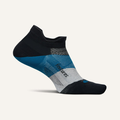 Feetures Elite Ultra Light No Show Tab socks in black, blue, and gray with anatomical design and seamless toe, side view.