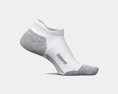 Feetures Elite Max Cushion No Show Tab socks in white with gray accents, targeted compression for arch support, side view.