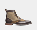 Stacy Adams Finnegan boots in brown leather and suede with brogue detailing, side view.