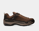A pair of Dunham men's waterproof lace-up trekker shoes in brown color, designed for comfort and slip-resistance with a rubber outsole.