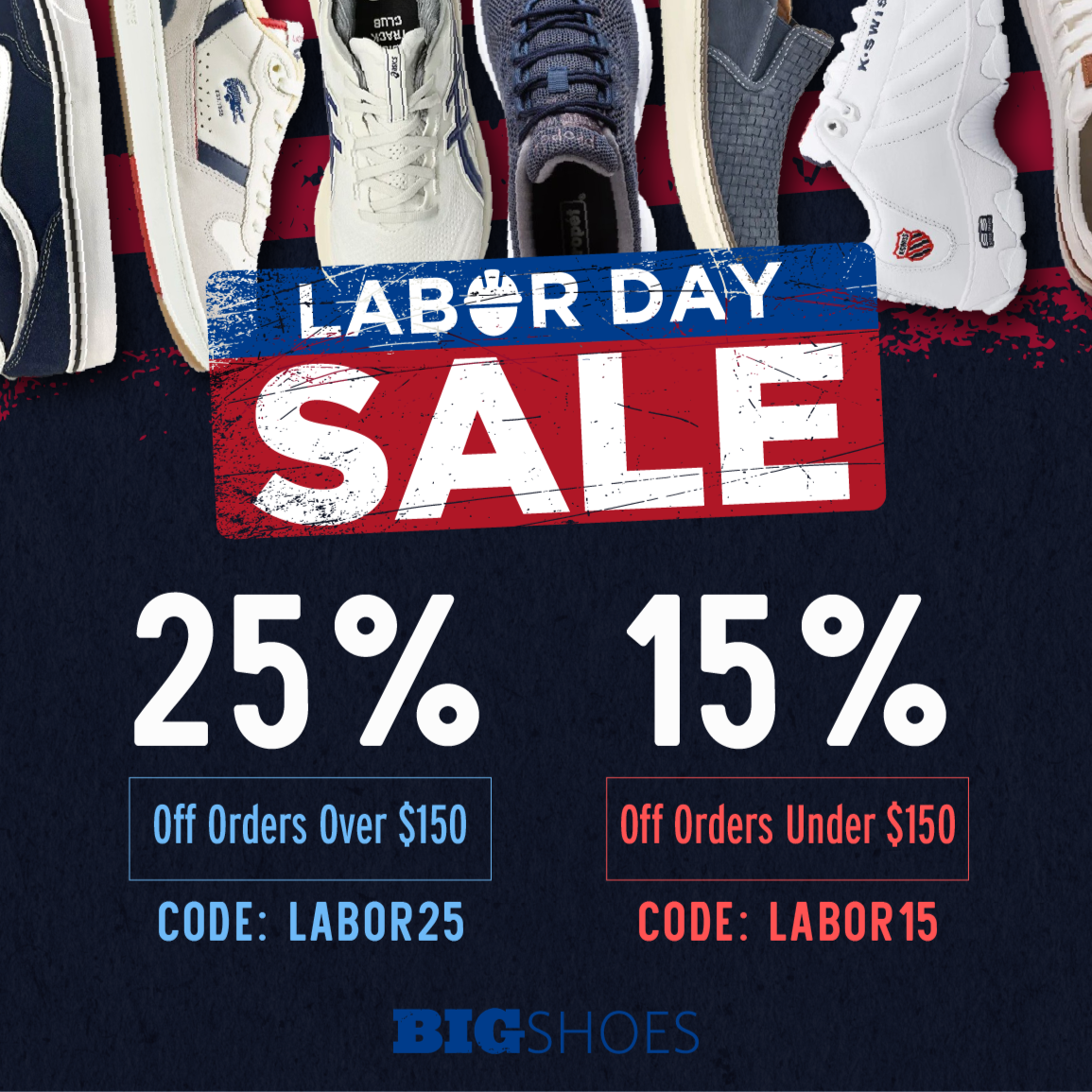 Promotional graphic for a Labor Day sale with shoes and discount information.