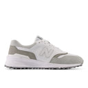White and gray sneaker with New Balance logo on a white background