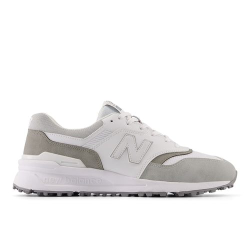 White and gray sneaker with New Balance logo on a white background