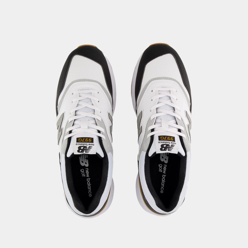 New Balance Golf 997 Golf shoes in white, gray, and black with breathable mesh upper and lace-up closure, top view.