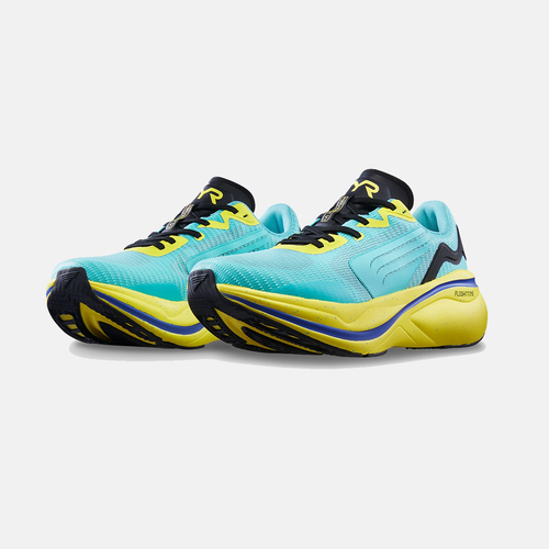 TYR Maverick V1 Runner running shoes in aqua blue with yellow midsoles, black accents, and FlightTek cushioning, front side angle.