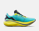 TYR Maverick V1 Runner running shoes in turquoise and yellow with breathable mesh upper and cushioned sole, side view.