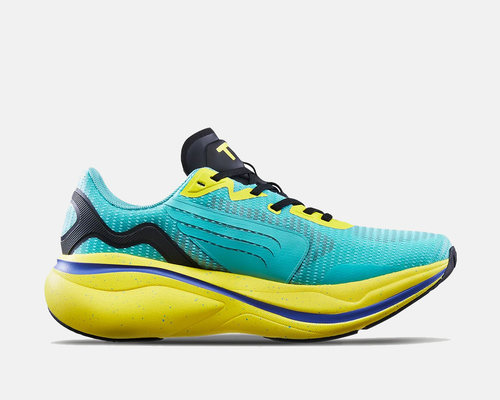 TYR Maverick V1 Runner running shoes in turquoise and yellow with breathable mesh upper and cushioned sole, side view.