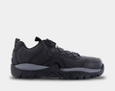 DC WorkCrew Navigator Work shoes in black with durable leather upper, metal eyelets, padded collar, and slip-resistant outsole, side view.