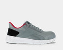 Reebok Work Sublite Legend Work shoes in gray with red collar accents, black heel panel, and white cushioned outsole, side view.