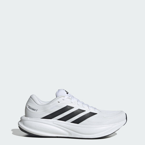 Adidas Response 2 running shoes in white with black stripes, mesh upper, and Cloudfoam midsole cushioning, side profile view.