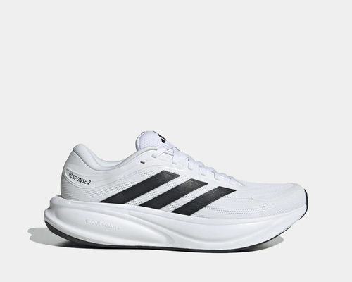 Adidas Response 2 running shoes in white with black stripes, featuring a breathable mesh upper and Cloudfoam cushioning, side view.