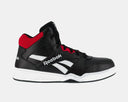 Reebok Work BB4500 High Top Work Sneaker in black with white logo accents and red mesh collar, side view.