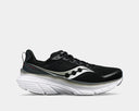 Saucony Guide 17 running shoes with black mesh upper, silver accents, and cushioned white midsole, side view.