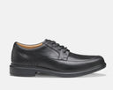 Johnston & Murphy XC4 Stanton 2.0 Waterproof Moc Toe shoes in black leather with moccasin-style stitching and lace-up design, side view.