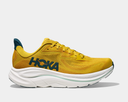 HOKA Clifton 10 running shoes in yellow with blue logo detailing, breathable mesh upper, and cushioned white midsole, side view.