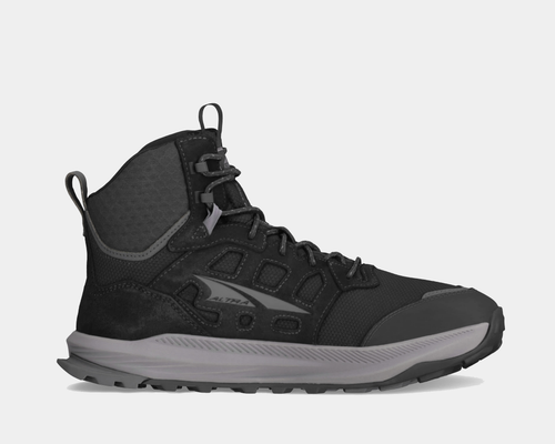 Altra Lone Peak Hiker 3 hiking boots in black with durable mesh upper, reinforced toe cap, and cushioned midsole, side view.