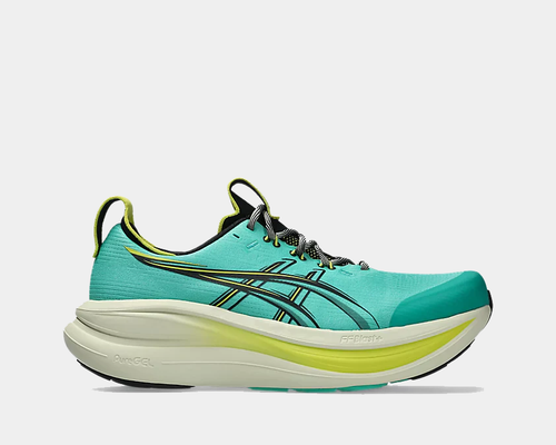 Asics GEL-Nimbus 28 TR running shoes in turquoise with black and lime green accents, FF Blast+ cushioning, side view.