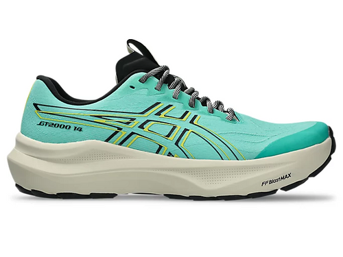 Asics GT-2000 14 TR running shoes in turquoise and black with lightweight mesh upper, FF Blast MAX cushioning, and trail-ready outsole, side view.