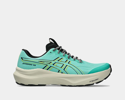 Asics GT-2000 14 TR running shoes in teal with black and yellow accents, durable mesh upper and FF BLAST MAX cushioning, side view.