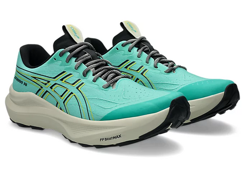 Asics GT-2000 14 TR running shoes in turquoise and beige with FF Blast MAX cushioning and durable trail outsole, front angle view.