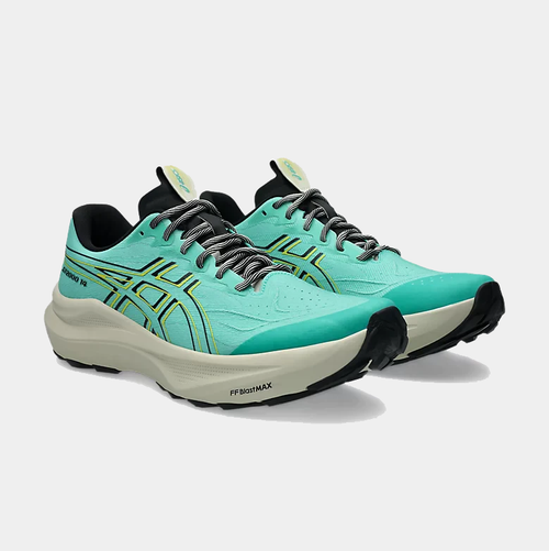 Asics GT-2000 14 TR running shoes in turquoise with black and yellow detailing, featuring FF Blast midsole, front angle view.