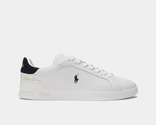 Polo Ralph Lauren Heritage Court II Leather sneakers in white leather with navy accents, embroidered logo and gold signature detail, side view.