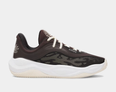 Under Armour Curry Splash 25 basketball shoes in dark brown with mesh upper, white laces, and cushioned outsole, side view.