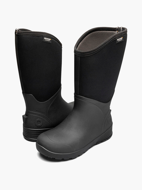 Pair of black rubber boots with a white background