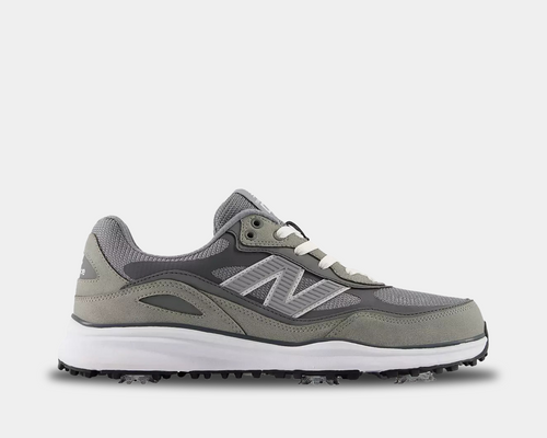 New Balance Golf 1982 Golf shoes in gray with mesh upper, suede overlays, spiked outsole, and white laces, side view.