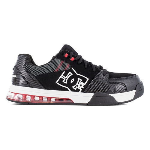 Black sneaker with red accents and a visible brand logo on a white background