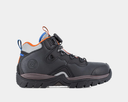 DC WorkCrew Navigator Work Hi Top Comp Toe work boots in black with orange and blue accents, side view showing rugged sole and safety toe.