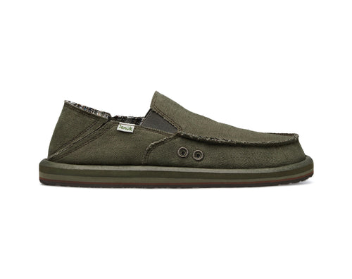 Sanuk Donny Hemp shoes in olive green with hemp canvas upper, dual elastic panels, and cushioned footbed, side view.