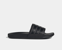 Adidas Adilette Comfort Slides in solid black with a textured strap and cushioned sole, side view.