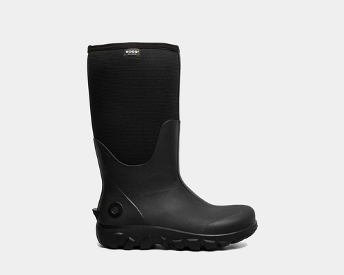 Bogs black rubber waterproof boot on a light gray background