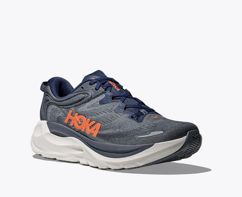 Gray running shoe with orange 'Hoka' logo on a white background