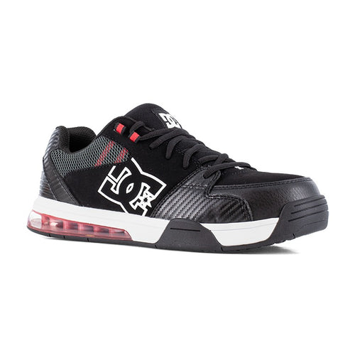 Black sneaker with red accents on a white background