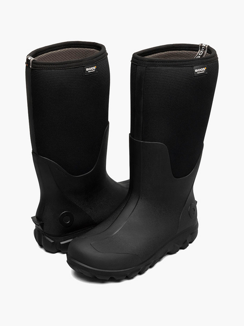 Pair of Bogs black rubber boots on a white background
