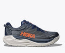 Blue running shoe with orange 'Hoka' logo on a white background