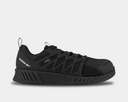 Reebok Work Fushion Flexweave™ Work shoes in black with mesh upper, Flexweave support frame, and cushioned outsole, side view.