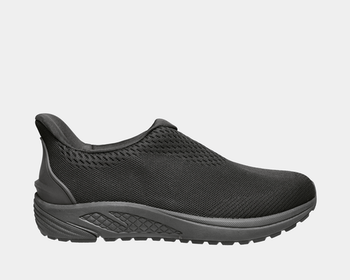 Propét One Velocity Slip-On shoes in black with breathable mesh upper and cushioned sole, side view.