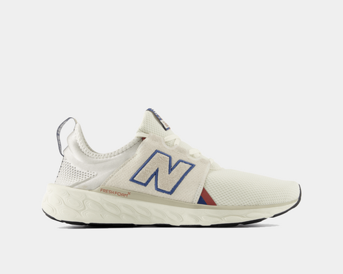 New Balance Fresh Foam X Cruz v3 running shoes in cream with mesh upper, embroidered logo, and cushioned midsole, side view.
