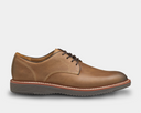 Johnston & Murphy Upton Plain Toe dress shoes in tan leather with contrast stitching and textured rubber outsole, side view.