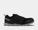 Reebok Work Sublite Cushion Work shoes in black with alloy toe protection, mesh upper, and lightweight gray outsole, side view.