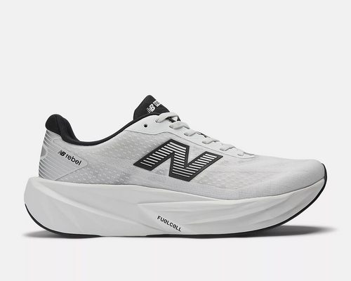 New Balance FuelCell Rebel v5 running shoes in white and black with lightweight mesh upper and responsive midsole, side view.